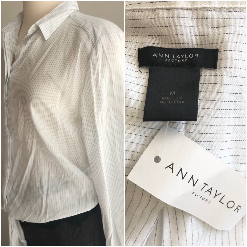 NEW Ann Taylor Pinstripe White Top Blouse with Front Tie